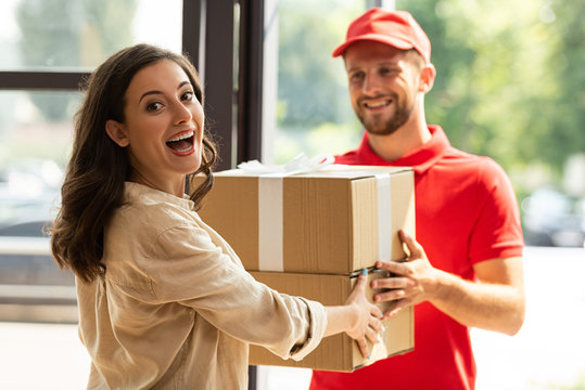 Happy couple receiving package